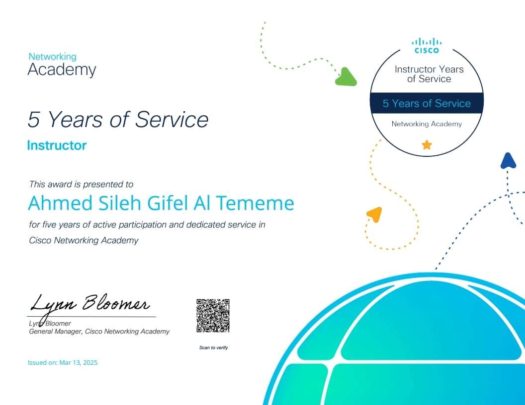 Read more about the article تقديرًا لمساهماته في تمكين الطلاب. م.د أحمد صالح غافل التميمي يفوز بجائزة “أفضل مُدَرِّب” من سيسكو لخمس سنوات